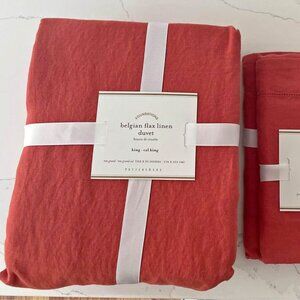 Pottery Barn Belgian Linen KING MUTED ORANGE/RED Duvet and 2 Euro Shams $429